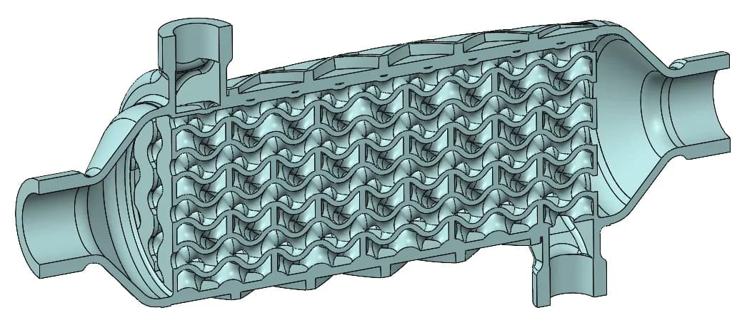 Cutaway of the 3D-printed heat exchanger showing the internal lattice flow passages