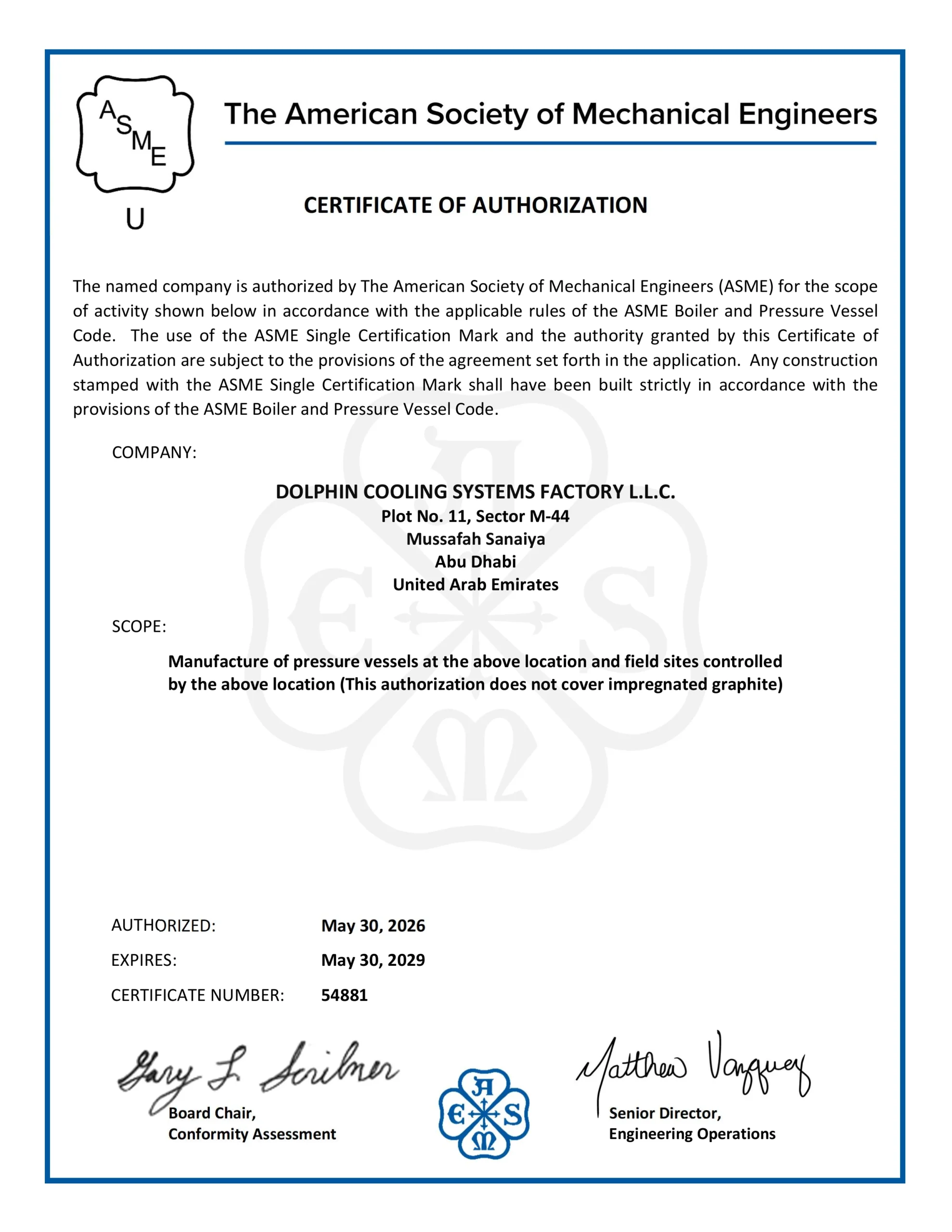 ASME U2 Certificate of Authorization held by Dolphin Group