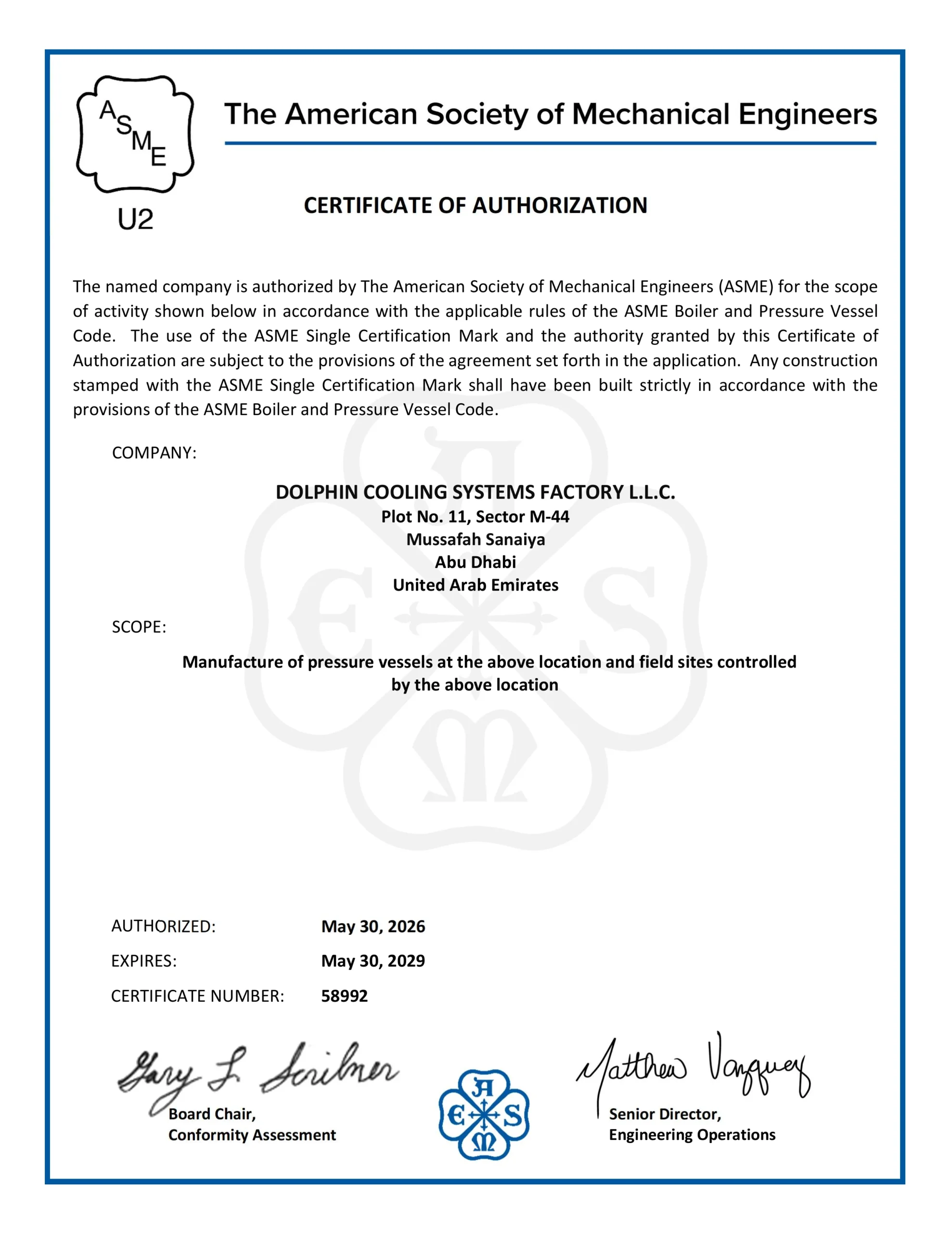 ASME U2 Certificate of Authorization held by Dolphin Group