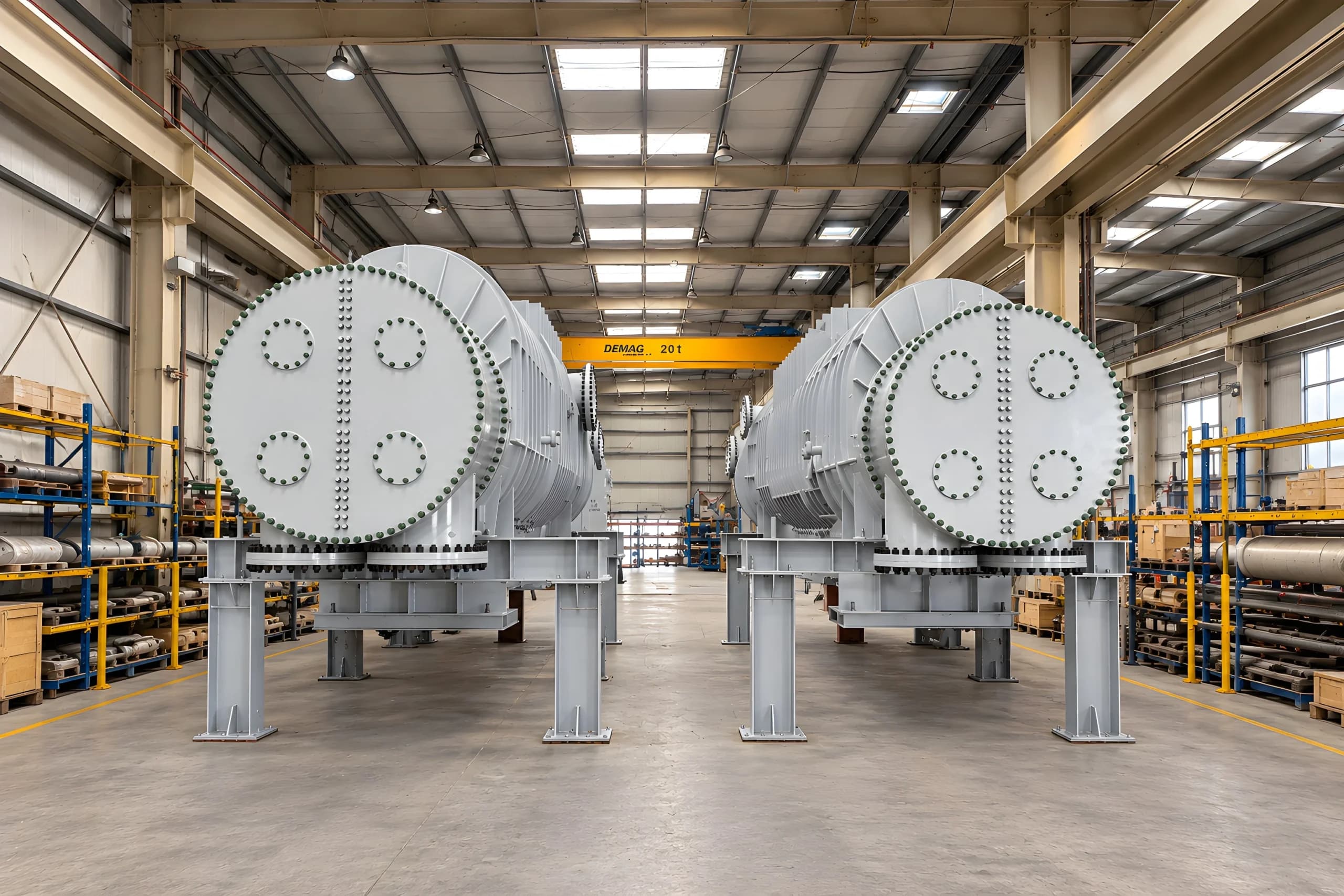 Two completed Dolphin Group shell and tube heat exchangers inside the workshop