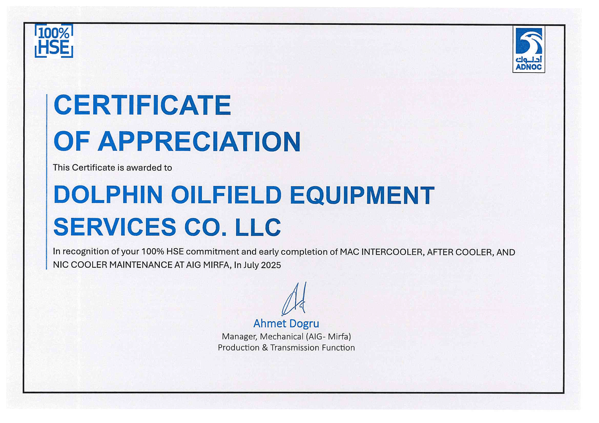 Certificate of Appreciation from ADNOC — AIG Mirfa