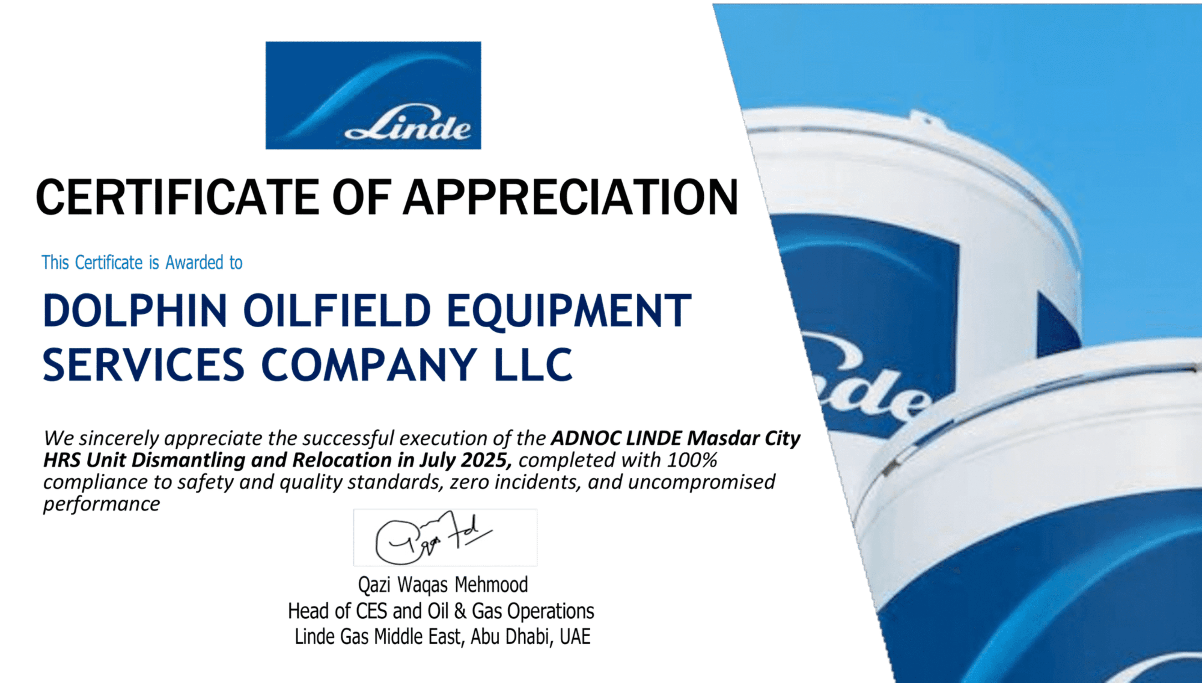 Certificate of Appreciation from Linde Gas Middle East