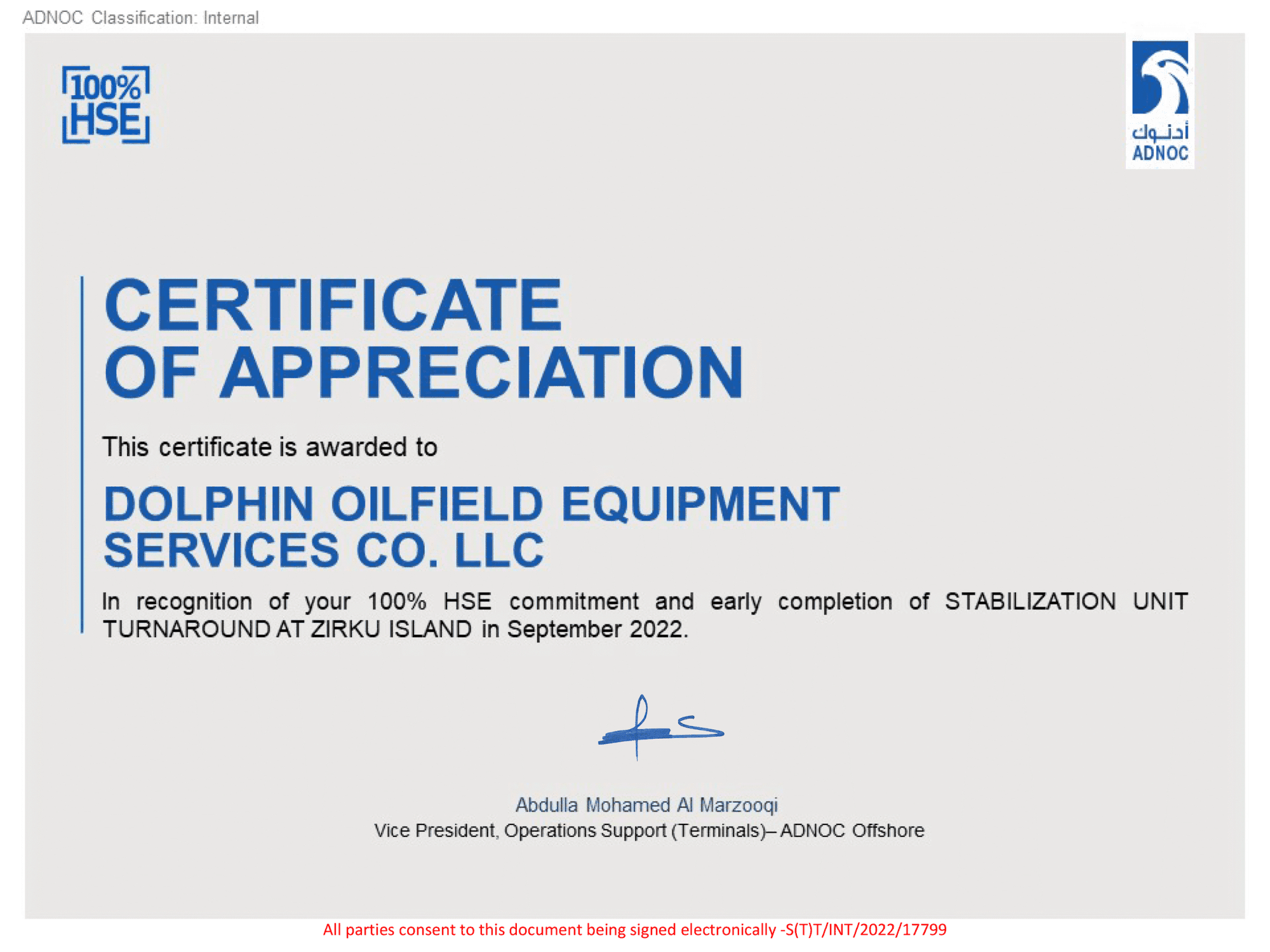 Certificate of Appreciation from ADNOC Offshore — Zirku Island