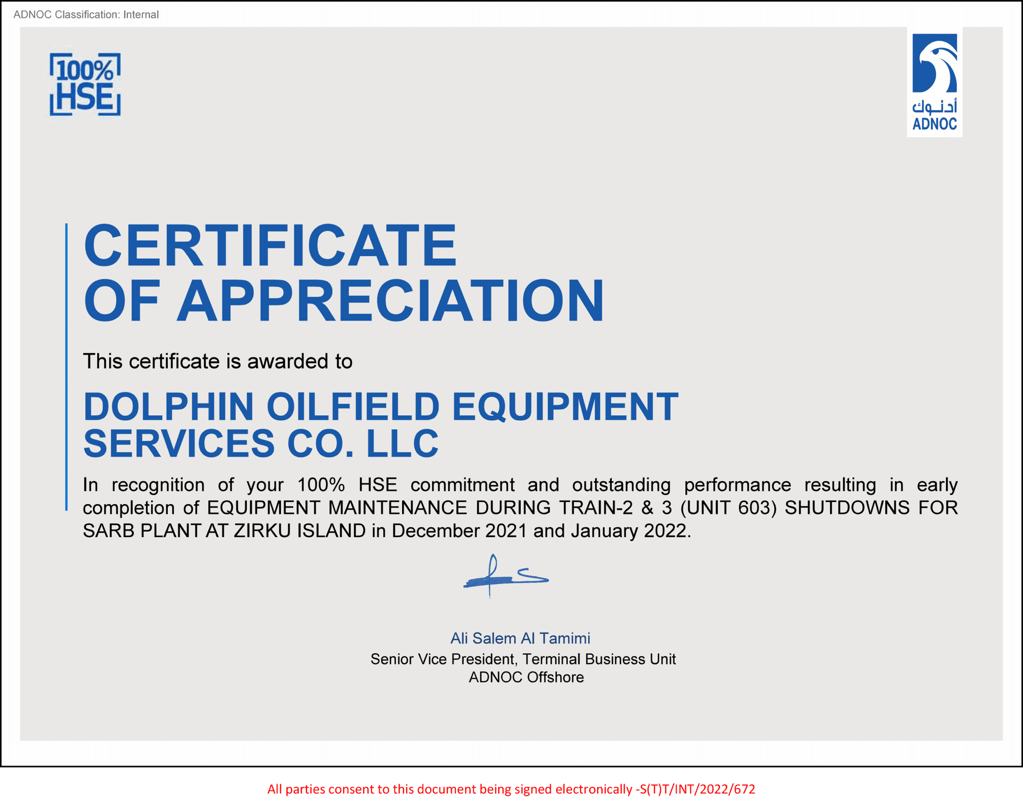 Certificate of Appreciation from ADNOC Offshore — SARB Plant
