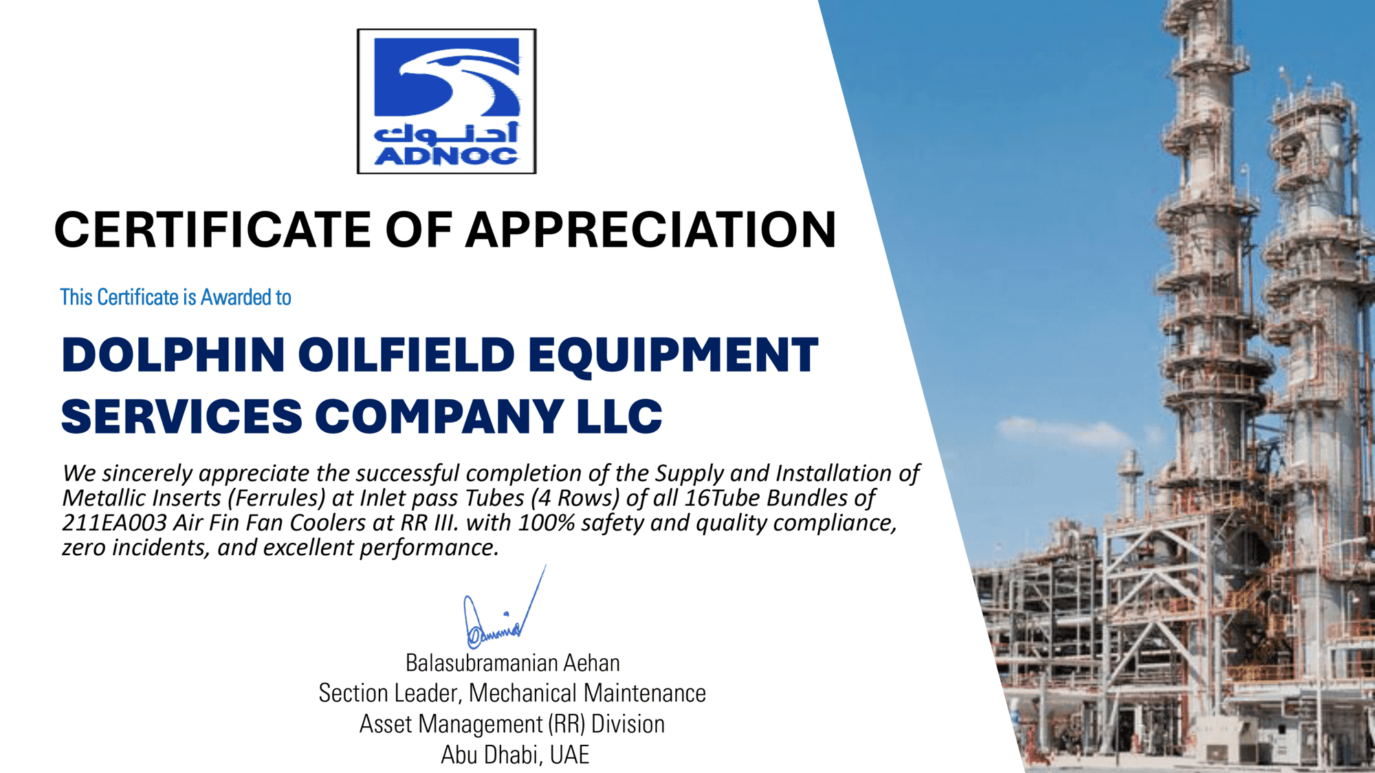 Certificate of Appreciation from ADNOC — RR III
