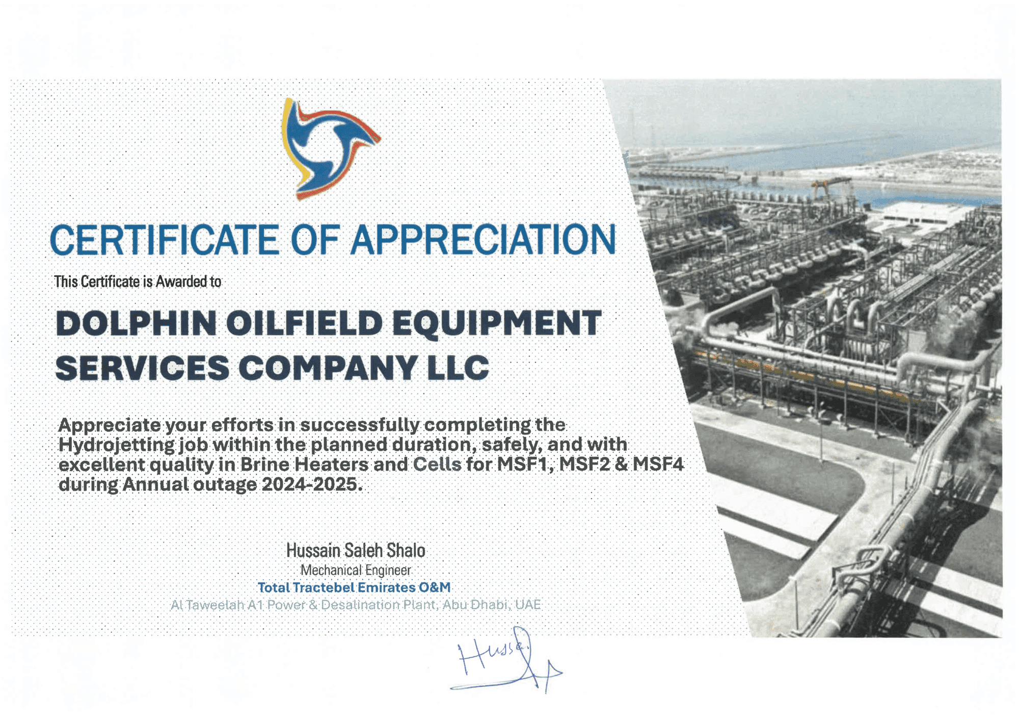 Certificate of Appreciation from Total Tractebel Emirates O&M — Al Taweelah A1