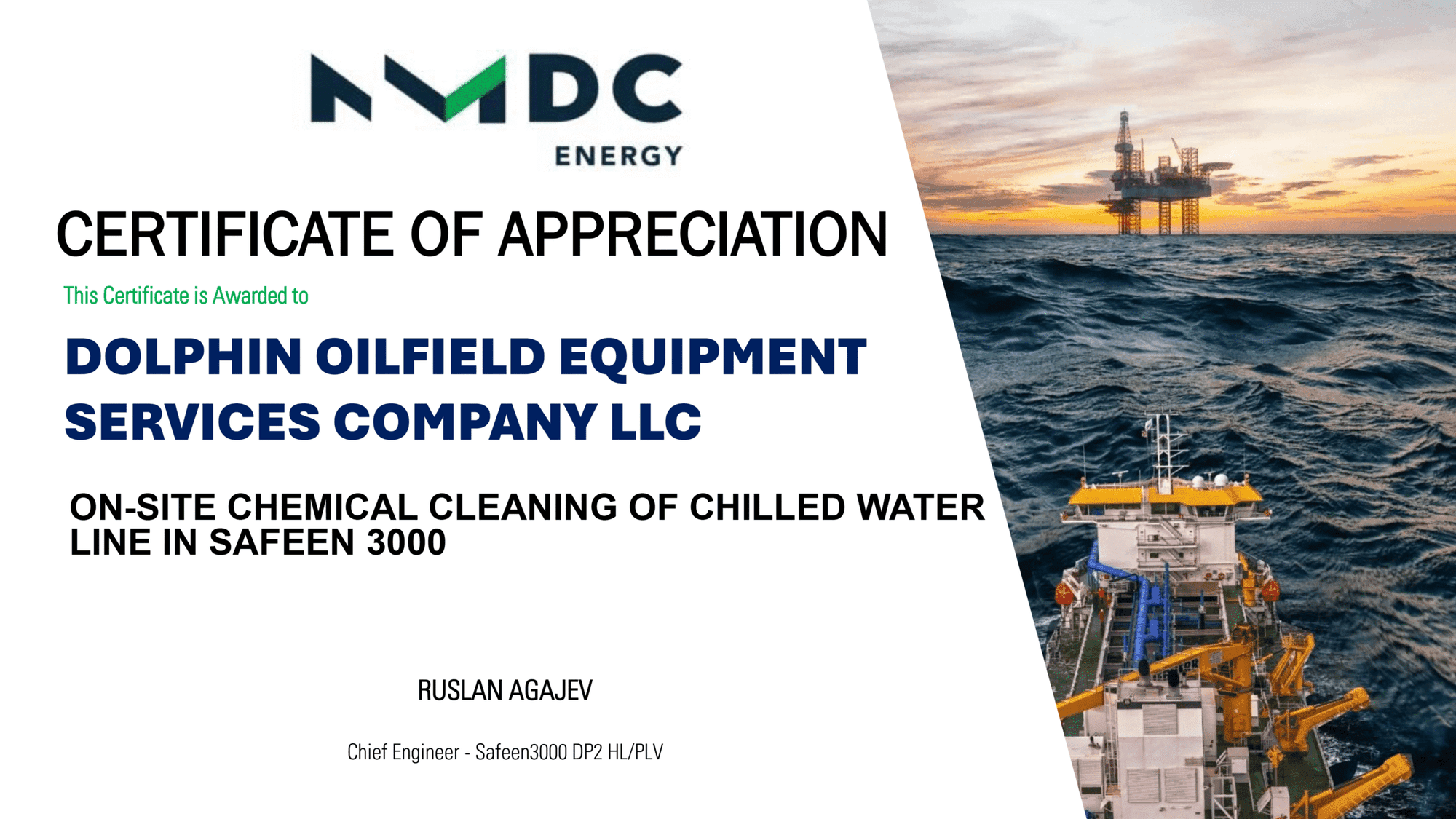 Certificate of Appreciation from NMDC Energy — Safeen 3000